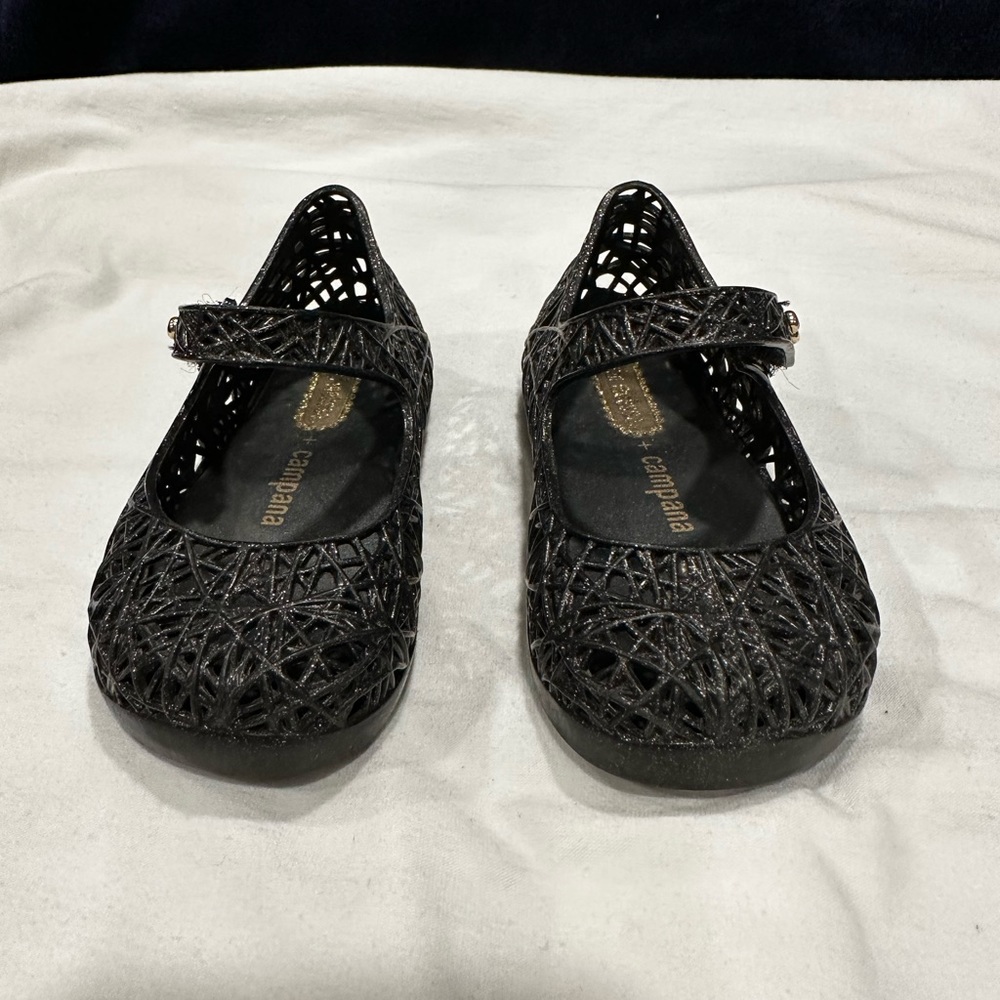 Mini Melissa Girl's Jelly Flats Campana Zig Zags Black/Silver Glitter Size 5
